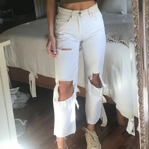 Free People White Distressed Denim Pants